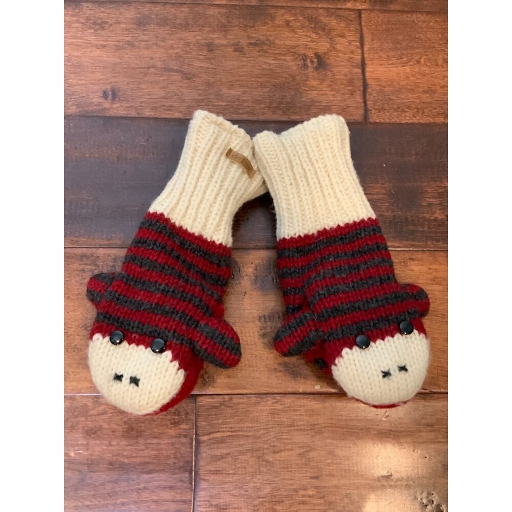 DELUX Cream, Red & Gray Stripe Knit Monkey Wool Winter Mittens